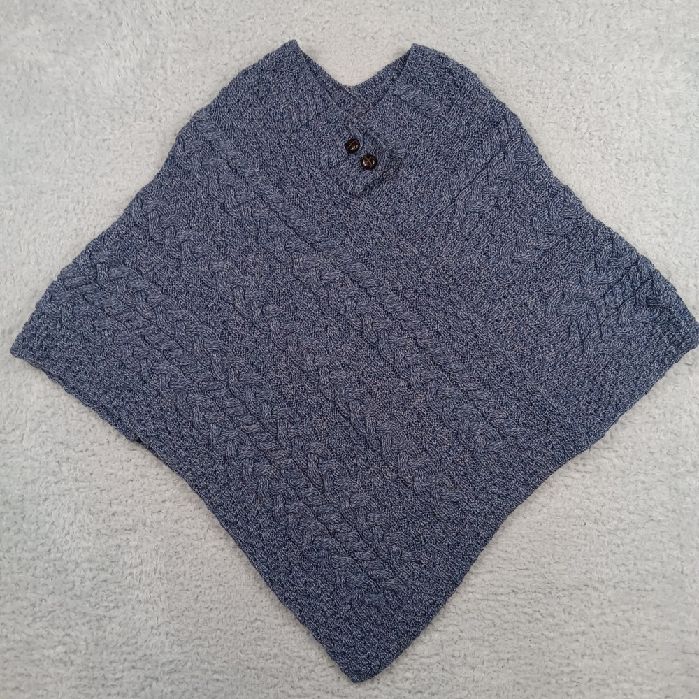 Aran Sweater Market Poncho Womens OS Blue Merino Wool Cable Knit Made in Ireland
